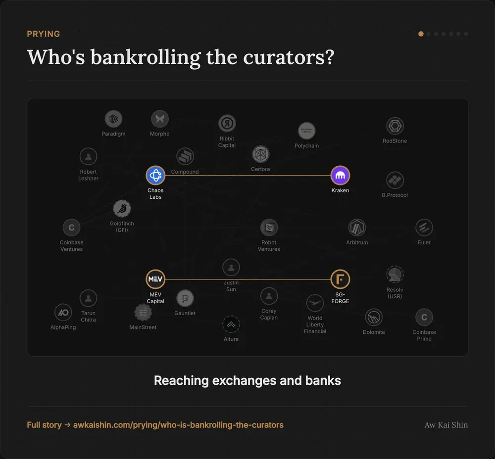 Animated network of DeFi curators and their backers, highlighting one pattern at a time, such as shared investors on both sides of a protocol.
