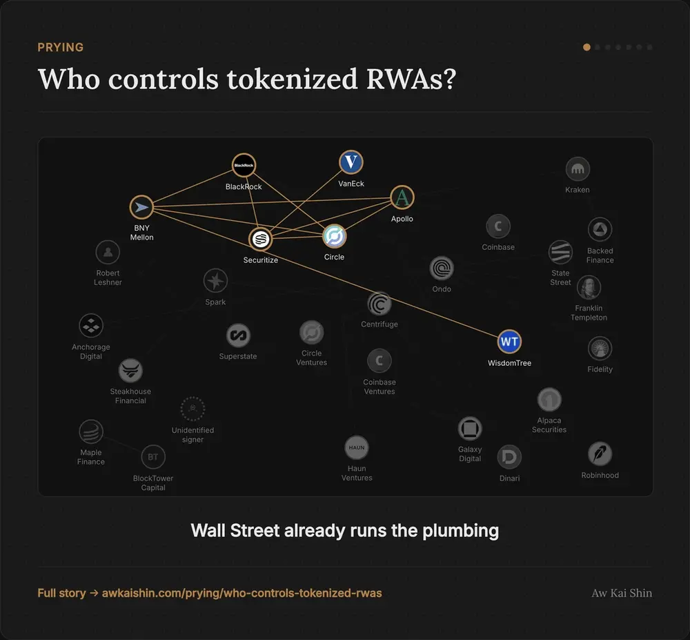Animated network of issuers, custodians, banks and venture firms, highlighting one connection at a time to show the same names behind most tokenized assets.